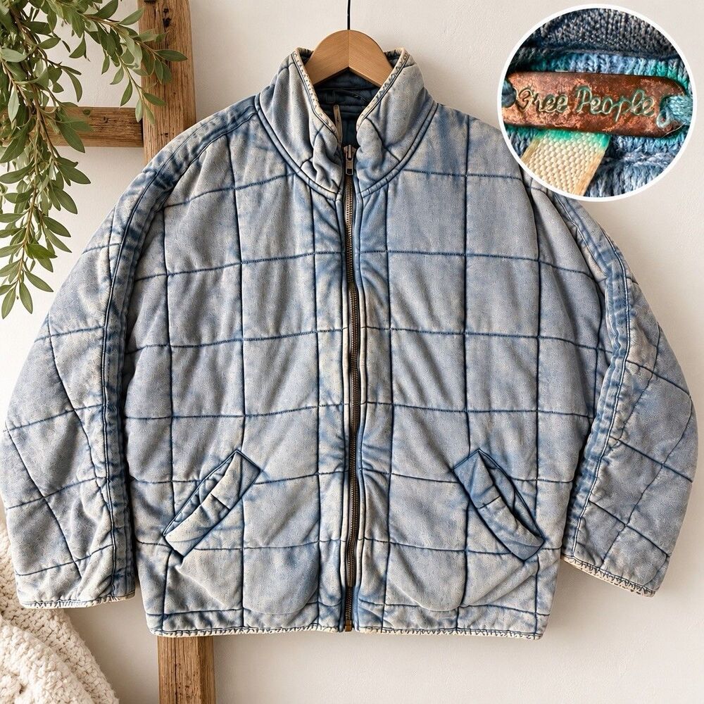 Free People Women Jacket Dolman Quilted Full Zip Pockets Blue Cotton Puffer Sz M
